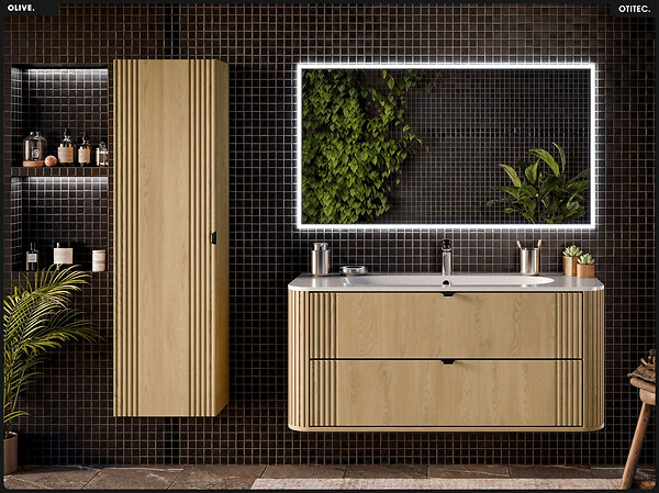 OTITEC - Ensemble de meubles sous vasque - 120 cm - avec Vasque - Colonne - OLIVE - Chêne - large