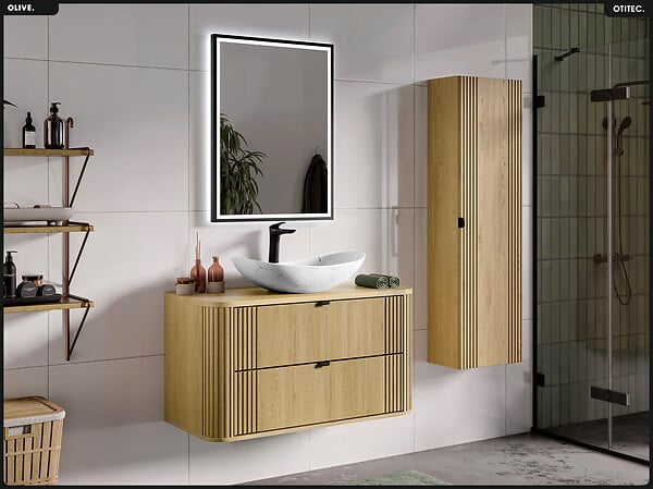 OTITEC - Ensemble de meubles sous vasque - 100 cm - avec Plan - Vasque - OLIVE - Chêne - large