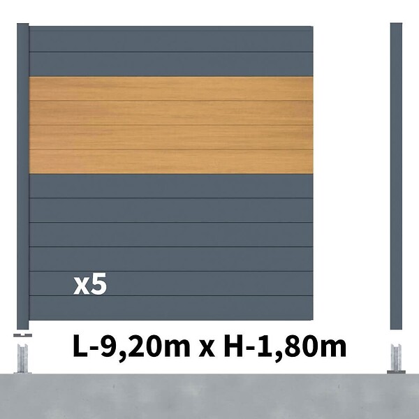 DECKLINEA - Kit clôture aluminium poteau sur platines - BAHIA & CRUZ Cèdre H-1,8m - large