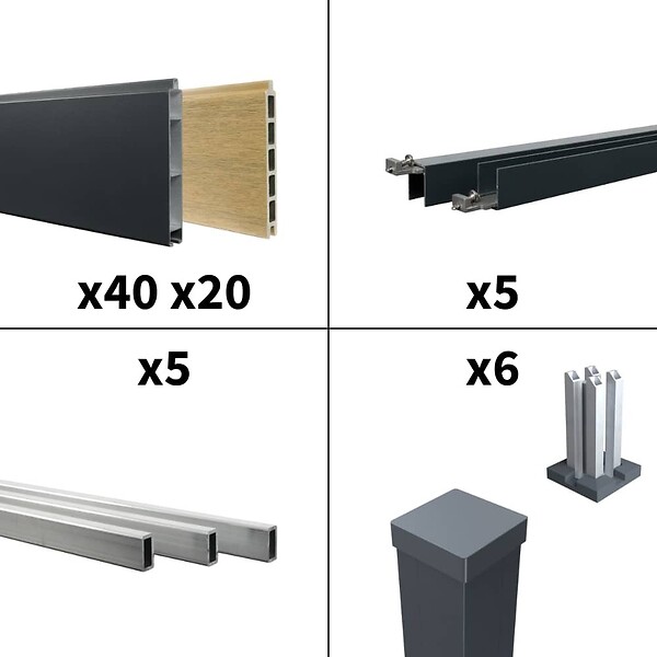 DECKLINEA - Kit clôture aluminium poteau sur platines - BAHIA & CRUZ Cèdre H-1,8m - large