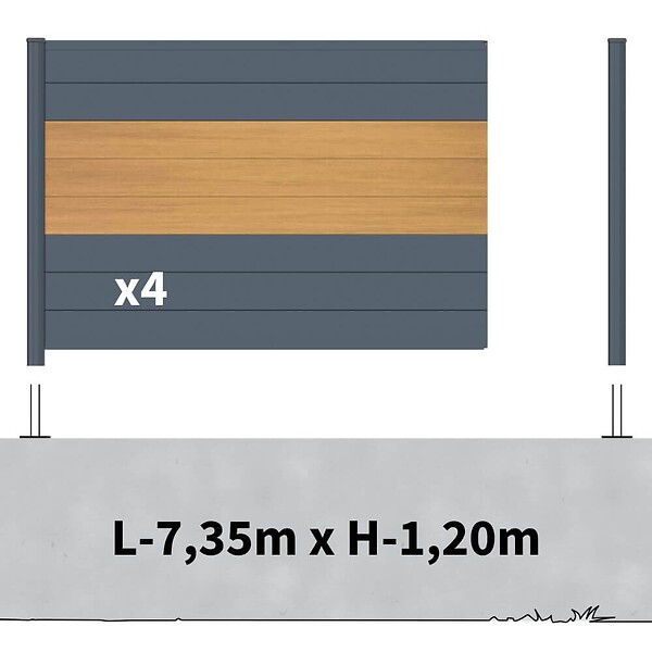 DECKLINEA - Kit clôture aluminium sur muret poteau sur platines - BAHIA & CRUZ Cèdre H-1,2m - large