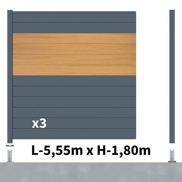 DECKLINEA - Kit clôture aluminium poteau sur platines - BAHIA & CRUZ Cèdre H-1,8m - large