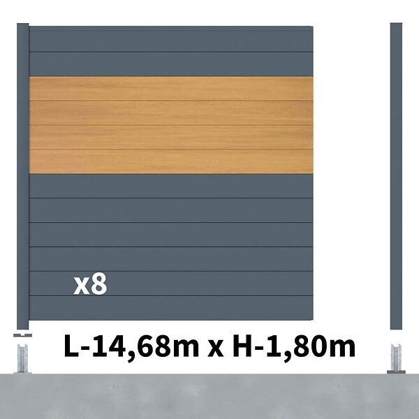 DECKLINEA - Kit clôture aluminium poteau sur platines - BAHIA & CRUZ Cèdre H-1,8m - large