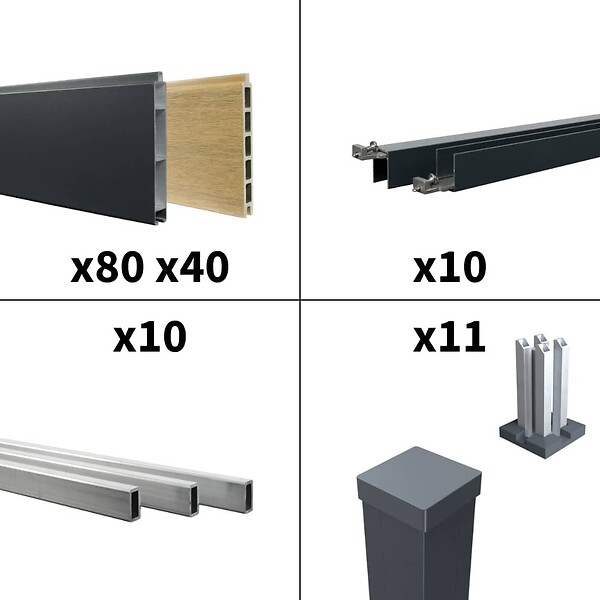 DECKLINEA - Kit clôture aluminium poteau sur platines - BAHIA & CRUZ Cèdre H-1,8m - large