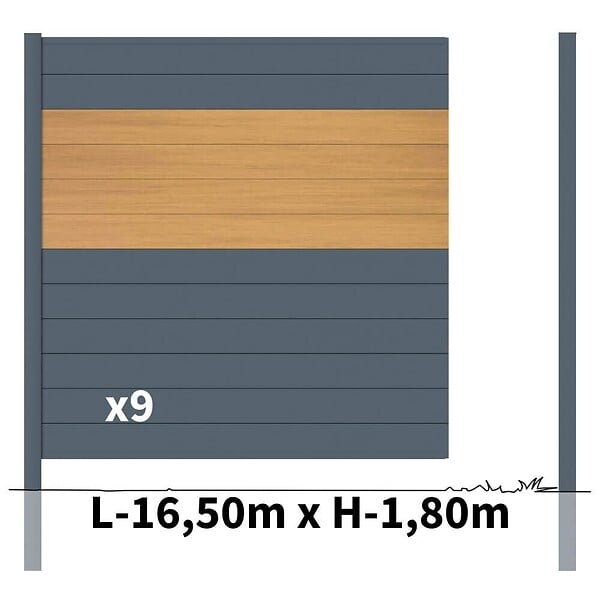 DECKLINEA - Kit clôture aluminium poteau à sceller - BAHIA & CRUZ Cèdre H-1,8m - large