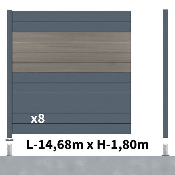 DECKLINEA - Kit clôture aluminium poteau sur platines - BAHIA & CRUZ Argent H-1,8m - large