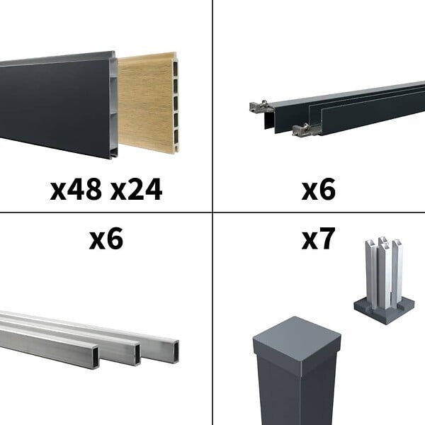 DECKLINEA - Kit clôture aluminium poteau sur platines - BAHIA & CRUZ Cèdre H-1,8m - large