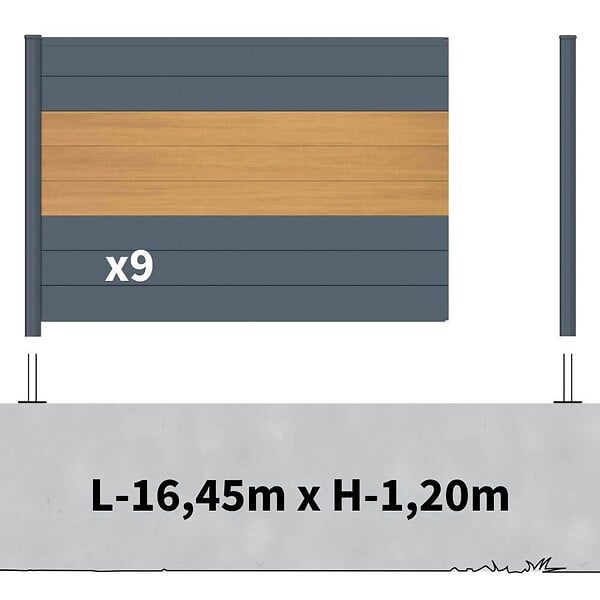 DECKLINEA - Kit clôture aluminium sur muret poteau sur platines - BAHIA & CRUZ Cèdre H-1,2m - large