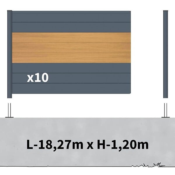 DECKLINEA - Kit clôture aluminium sur muret poteau sur platines - BAHIA & CRUZ Cèdre H-1,2m - large