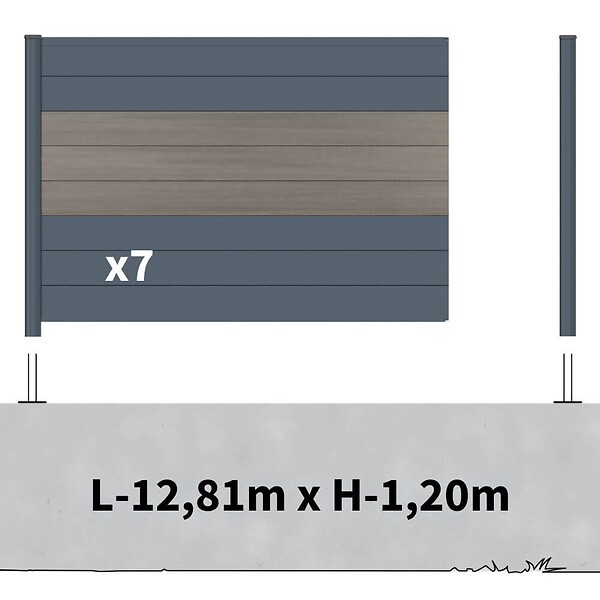 DECKLINEA - Kit clôture aluminium sur muret poteau sur platines - BAHIA & CRUZ Argent H-1,2m - large