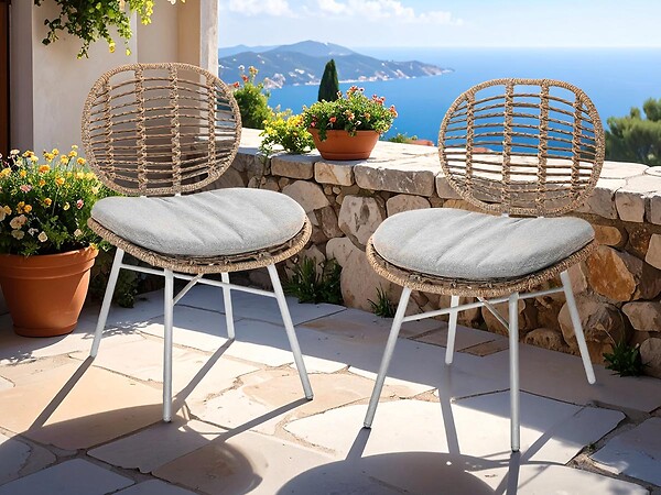 JARDILINE - Lot de 2 Chaises de jardin en résine tressée FLORES avec coussin chiné gris/beige - large