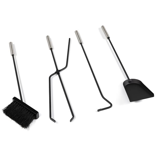 ID MARKET - Ensemble serviteur de cheminée noir inox 5 éléments pelle balai tisonnier pince avec support - large