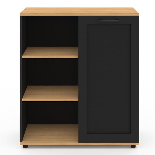 ID MARKET - Buffet d'appoint 70 cm VITO 3 étagères et placard noir et plateau bois - large