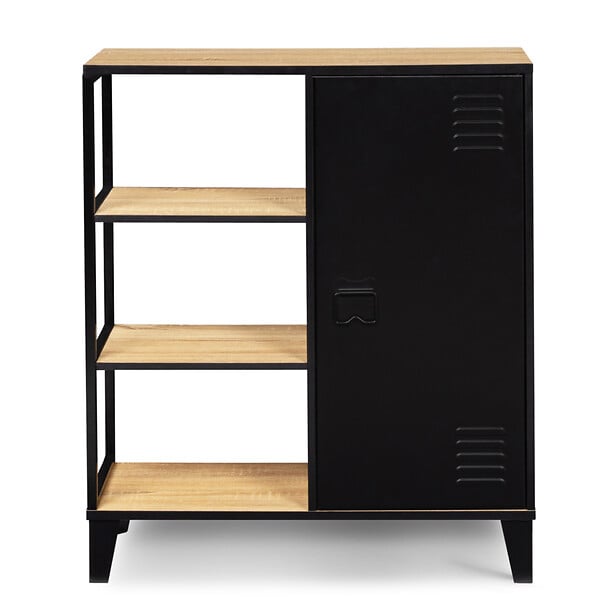 ID MARKET - Buffet d'appoint 3 étagères et placard métal noir et plateau bois 70 cm ESTER design industriel - large