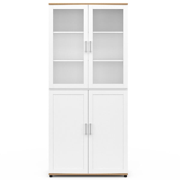 ID MARKET - Meuble armoire colonne salle de bain VITO 4 portes dont 2 vitrées blanc et bois - large