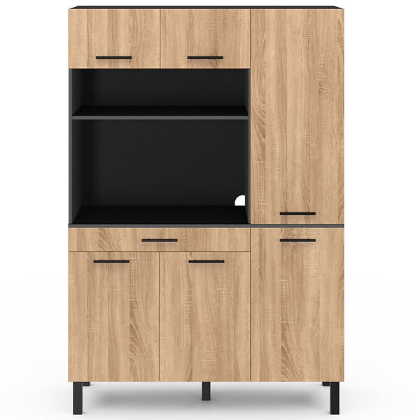 ID MARKET - Buffet de cuisine avec colonne de rangement 120 CM CINA 6 portes + tiroir noir et façon hêtre - large