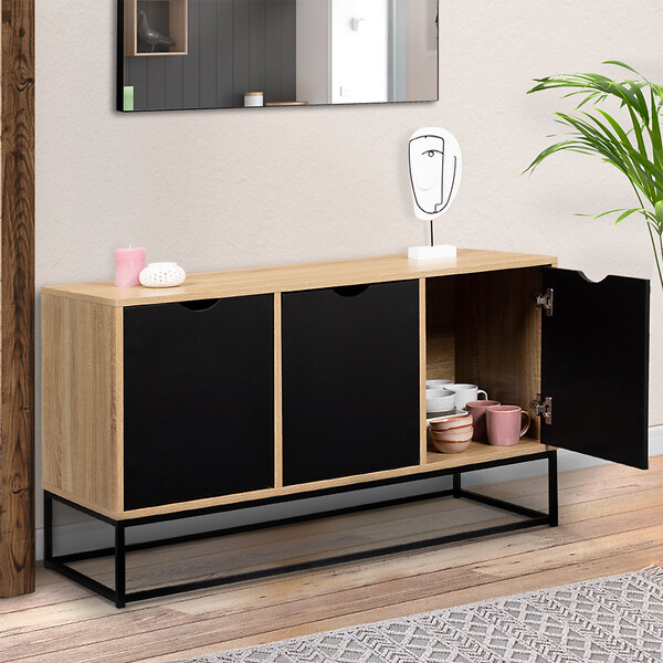 ID MARKET - Buffet bas 113 cm BOSTON 3 portes noires design industriel - large