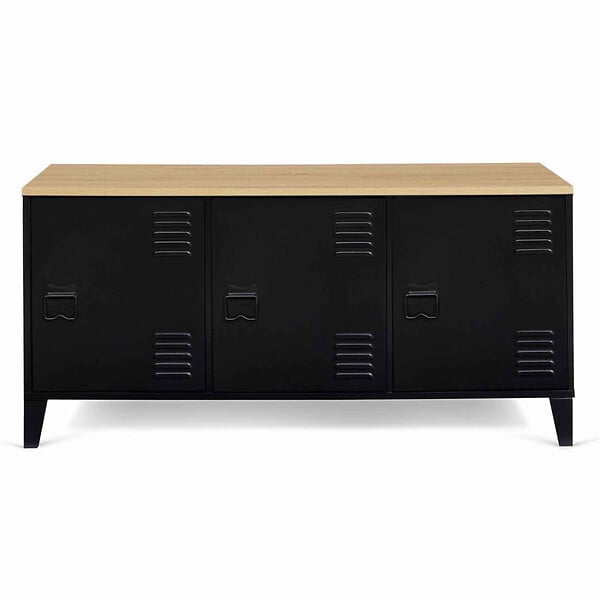 ID MARKET - Buffet bas 113 cm ESTER 3 portes métal noir plateau bois design industriel - large