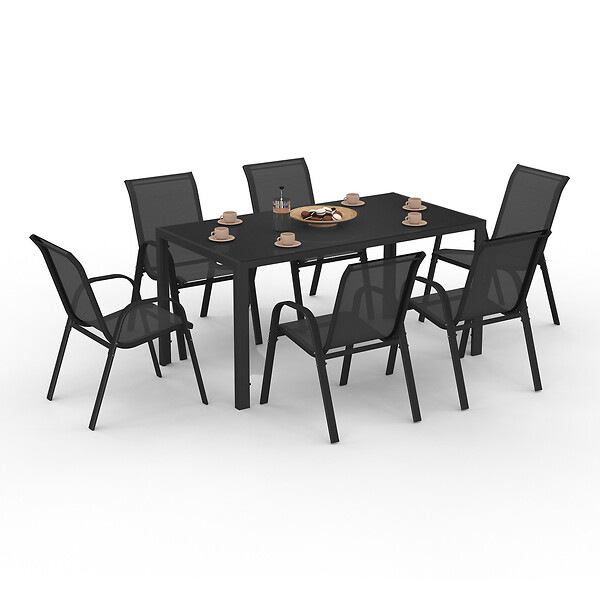 ID MARKET - Salon de jardin MADRID table 150 CM et 6 chaises empilables noir - large