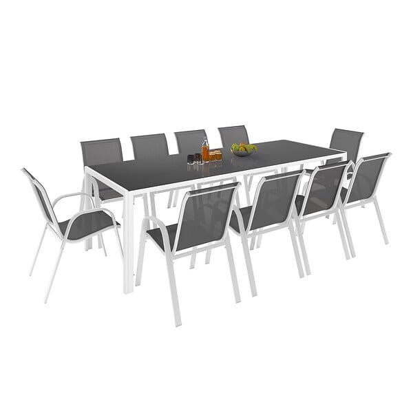 ID MARKET - Salon de jardin MADRID table 240 CM et 10 chaises empilables blanc et gris - large