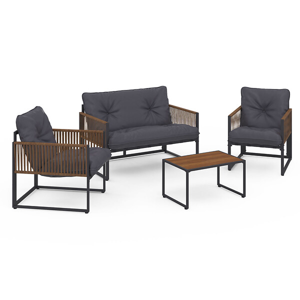 ID MARKET - Salon de jardin bas RIO 4 places structure métal gris anthracite, cordage effet rotin avec coussin gris - large