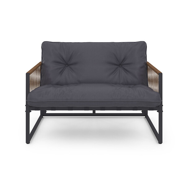 ID MARKET - Salon de jardin bas RIO 4 places structure métal gris anthracite, cordage effet rotin avec coussin gris - large