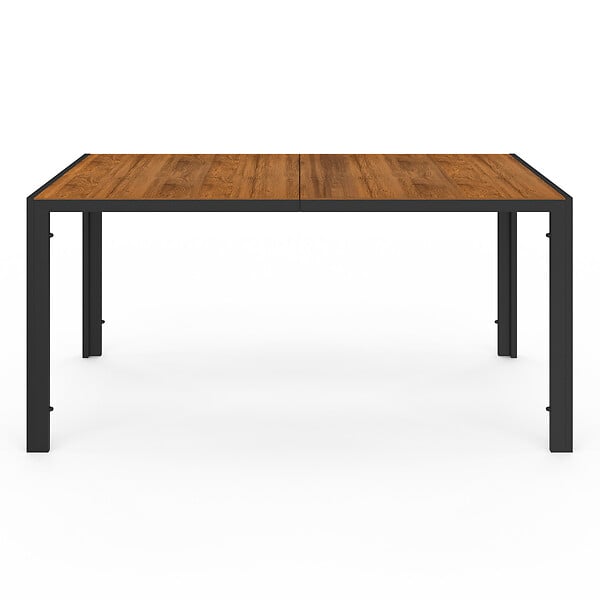 ID MARKET - Salon de jardin NOUMEA table 150 cm plateau verre trempé effet bois et 6 chaises empilables noir et bois - large