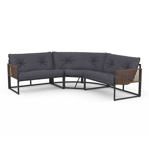 ID MARKET - Salon de jardin bas RIO 8 places salon d'angle structure métal gris anthracite, cordage effet rotin avec coussins gris - large