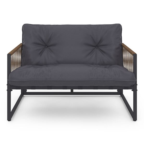 ID MARKET - Salon de jardin bas RIO 6 places structure métal gris anthracite, cordage effet rotin avec coussins gris - large
