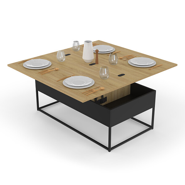 ID MARKET - Table basse plateau relevable rectangulaire convertible en table à manger BOSTON 100 cm design industriel - large