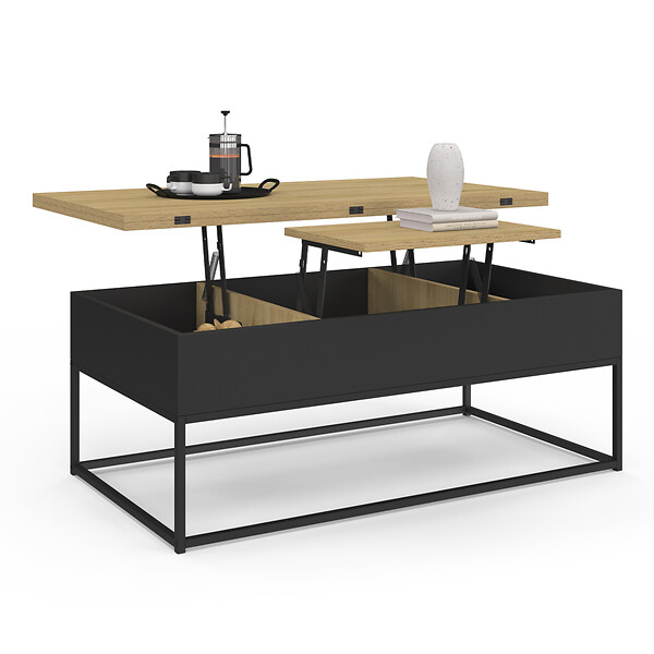 ID MARKET - Table basse plateau relevable rectangulaire convertible en table à manger BOSTON 100 cm design industriel - large