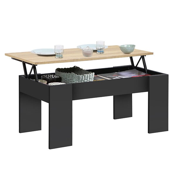 ID MARKET - Table basse plateau relevable rectangulaire TARA bois noir et imitation hêtre - large