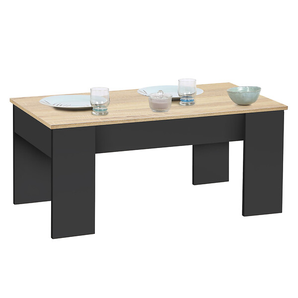 ID MARKET - Table basse plateau relevable rectangulaire TARA bois noir et imitation hêtre - large