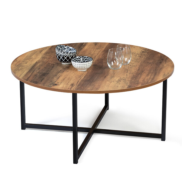 ID MARKET - Table basse ronde HAWKINS 80 cm bois foncé design industriel - large