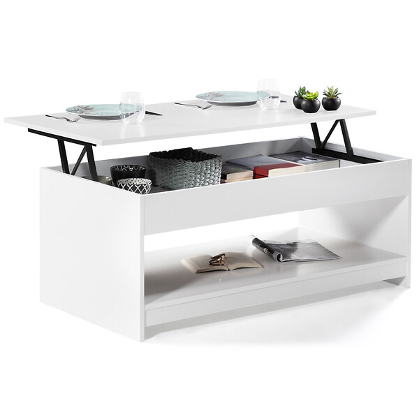 ID MARKET - Table basse rectangulaire plateau relevable SOA bois blanc - large