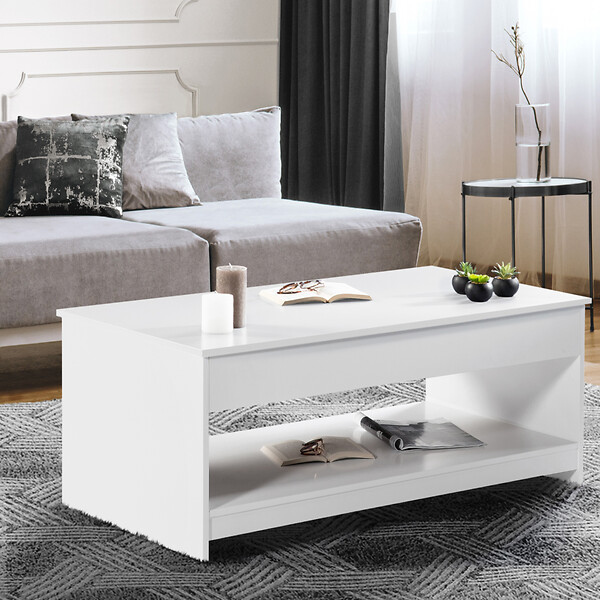 ID MARKET - Table basse rectangulaire plateau relevable SOA bois blanc - large