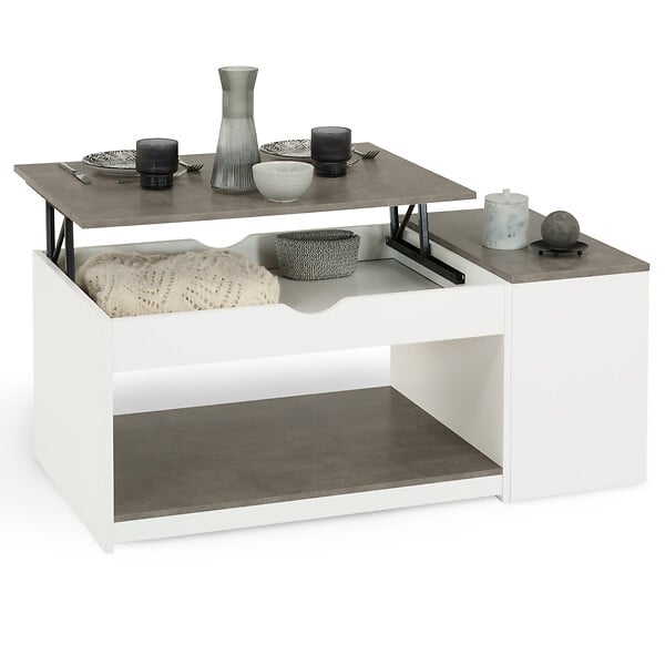 ID MARKET - Table basse plateau relevable rectangulaire ELEA avec coffre bois blanc et effet béton - large