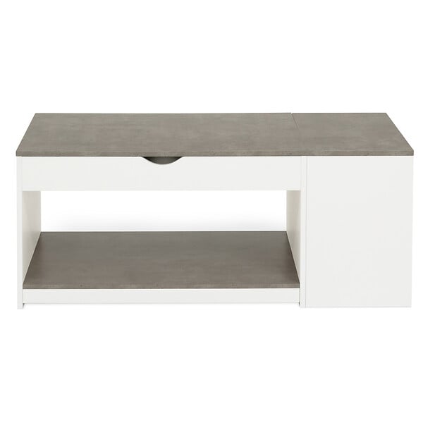 ID MARKET - Table basse plateau relevable rectangulaire ELEA avec coffre bois blanc et effet béton - large