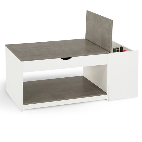 ID MARKET - Table basse plateau relevable rectangulaire ELEA avec coffre bois blanc et effet béton - large