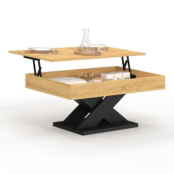 ID MARKET - Table basse rectangulaire plateau relevable ALICIA bois et pied noir - large
