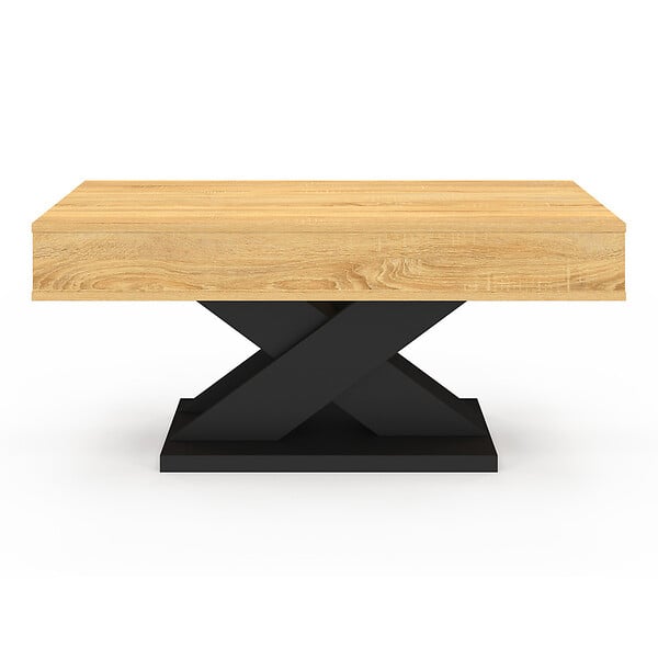 ID MARKET - Table basse rectangulaire plateau relevable ALICIA bois et pied noir - large