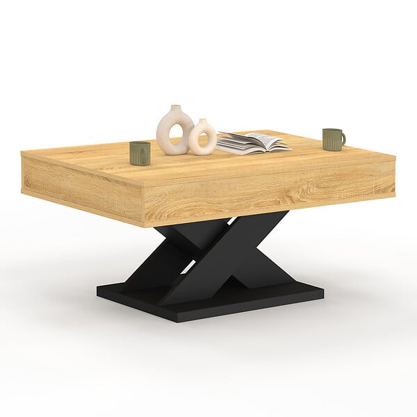 ID MARKET - Table basse rectangulaire plateau relevable ALICIA bois et pied noir - large