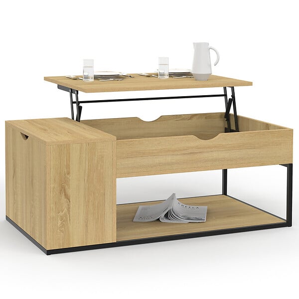 ID MARKET - Table basse plateau relevable rectangulaire DETROIT avec coffre design industriel - large