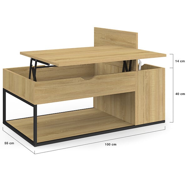 ID MARKET - Table basse plateau relevable rectangulaire DETROIT avec coffre design industriel - large