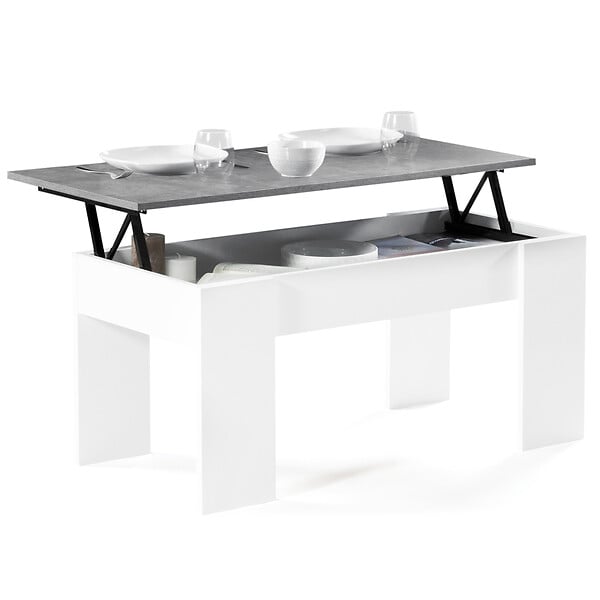 ID MARKET - Table basse plateau relevable rectangulaire TARA bois blanc et effet béton - large