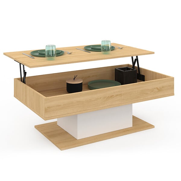 ID MARKET - Table basse plateau relevable rectangulaire EDEN bois et blanc - large