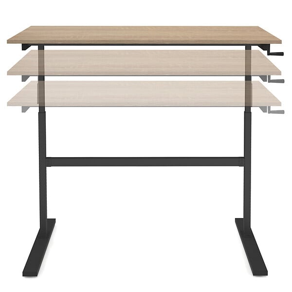 ID MARKET - Bureau droit JEANNE assis debout à manivelle hauteur réglable 70 - 120 cm bois façon hêtre et noir - large