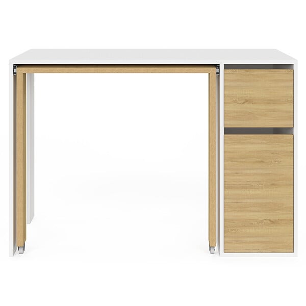 ID MARKET - Bureau extensible RON avec colonne de rangement tiroir et placard blanc et bois - large