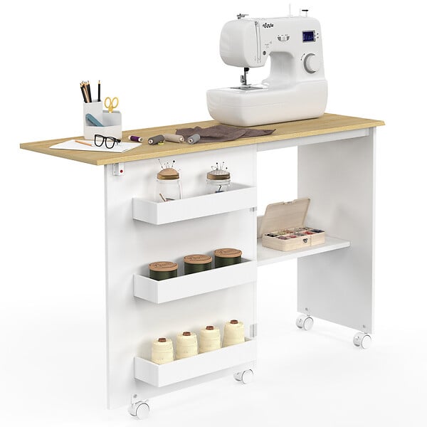 ID MARKET - Table de couture pliable à roulettes meuble pour machine à coudre avec 4 étagères - large