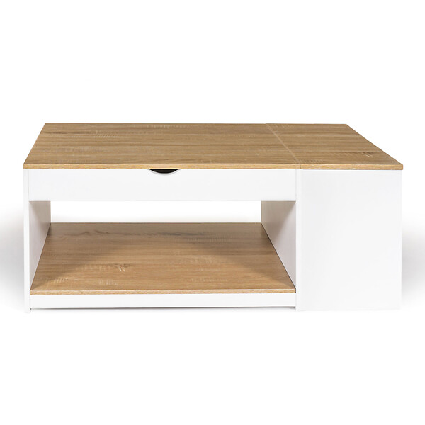ID MARKET - Table basse plateau relevable rectangulaire ELEA avec coffre bois blanc et façon hêtre - large
